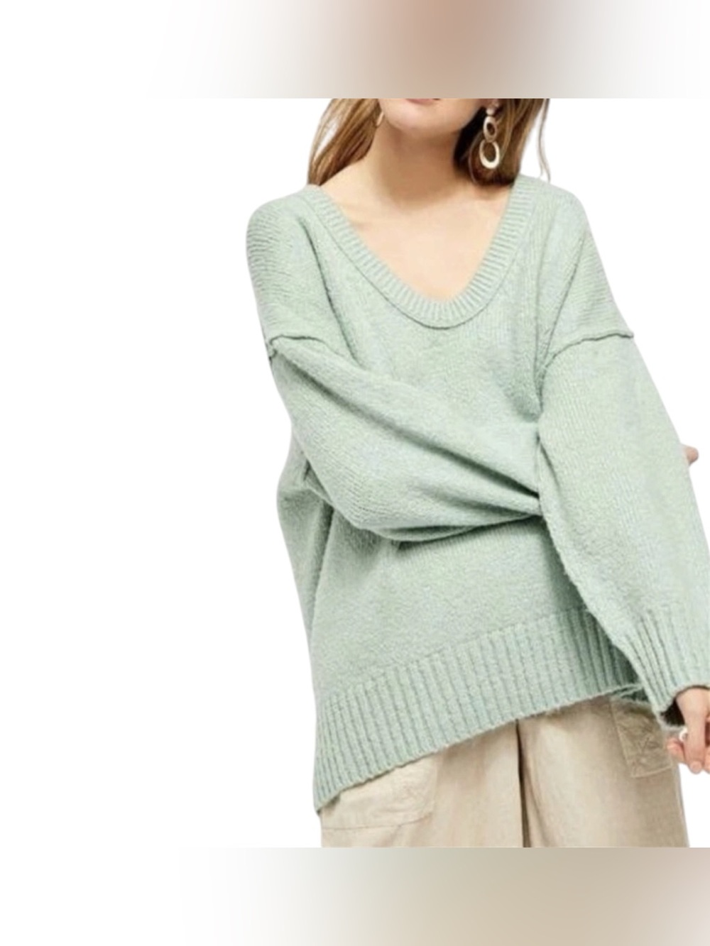 Free People Oversized V-Neck Women's Mint Green Sweater